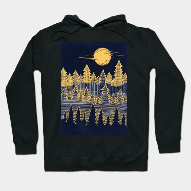 Misty, Moonlit Trees Linocut in Blue and Yellow Hoodie by Maddybennettart